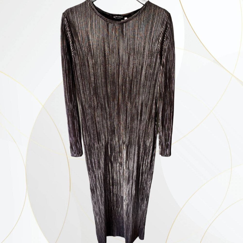 Metallic Long-Sleeve Pleated Midi Dress - Black